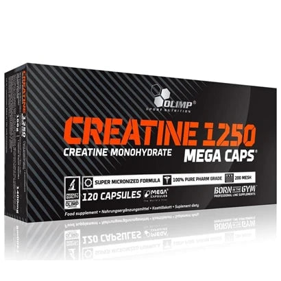Olimp Creatine Mega caps 120 caps kreatin monohydrat förpackad i en svart ask med orange och vit text.