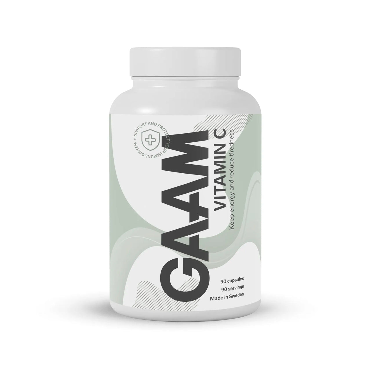 GAAM Vitamin C 90 caps kosttillskott i en vit burk med ljusgröna detaljer på etiketten.