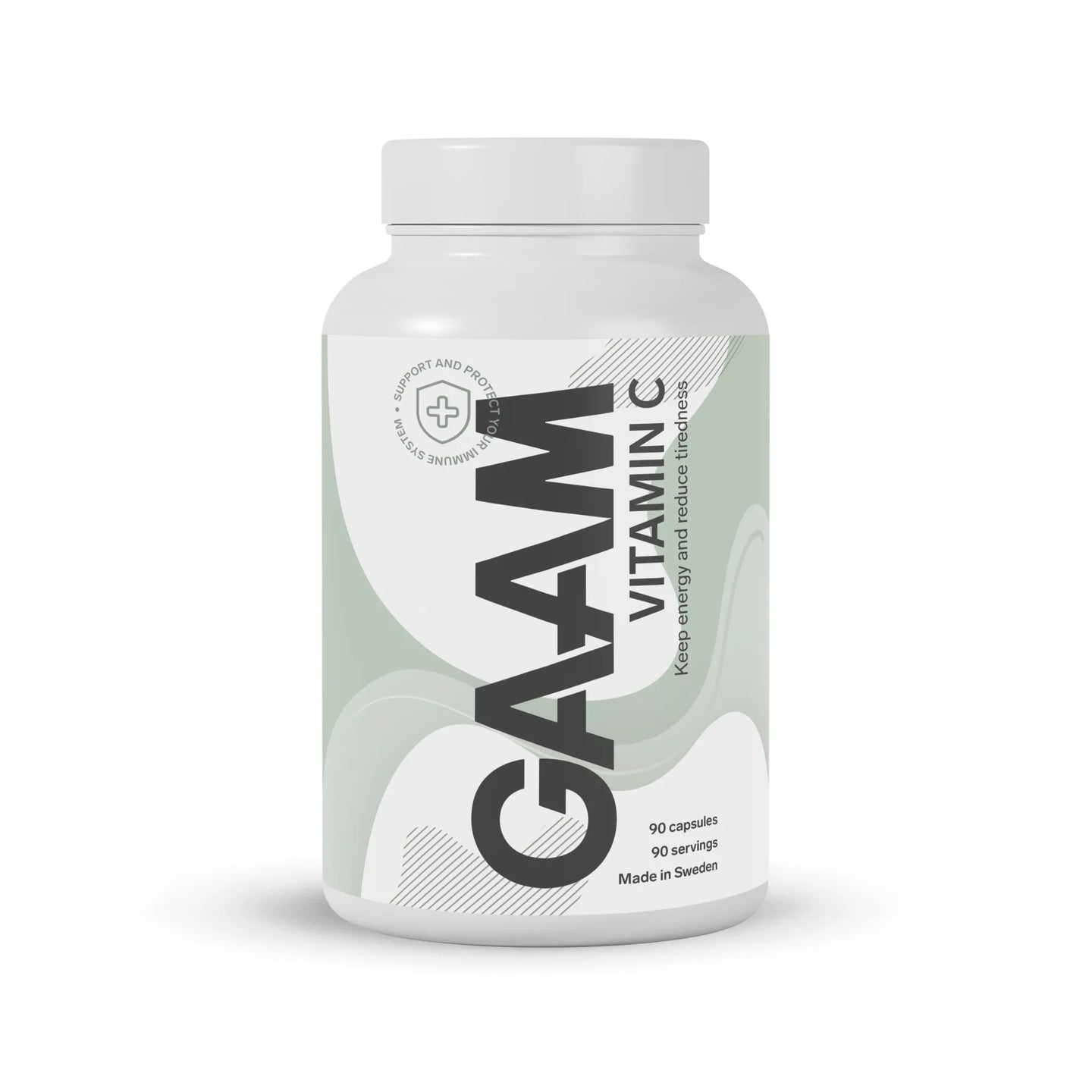 GAAM Vitamin C 90 caps kosttillskott i en vit burk med ljusgröna detaljer på etiketten.