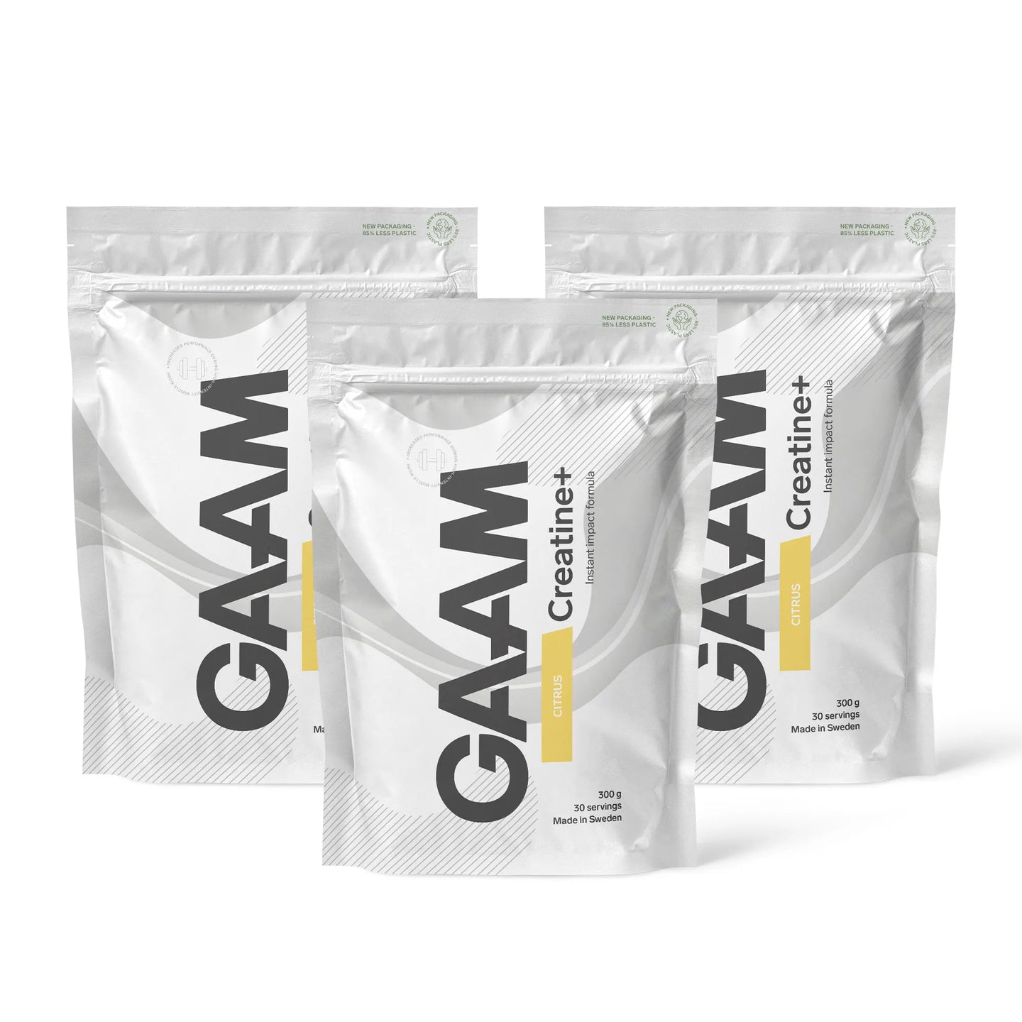 3 x GAAM Creatine+ 300 g i tre vita påsar med grå och gula detaljer för smaken Citrus.