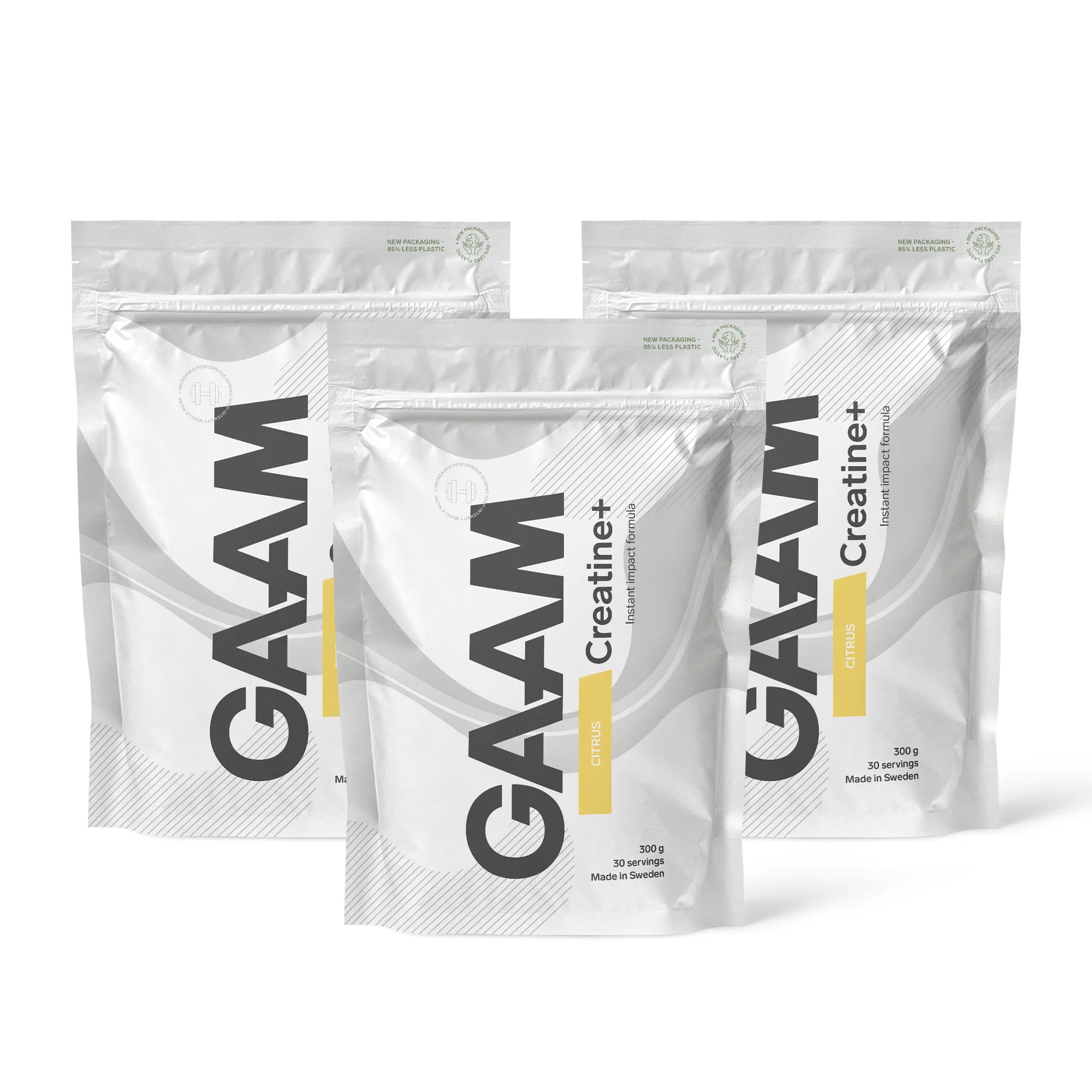 3 x GAAM Creatine+ 300 g i tre vita påsar med grå och gula detaljer för smaken Citrus.
