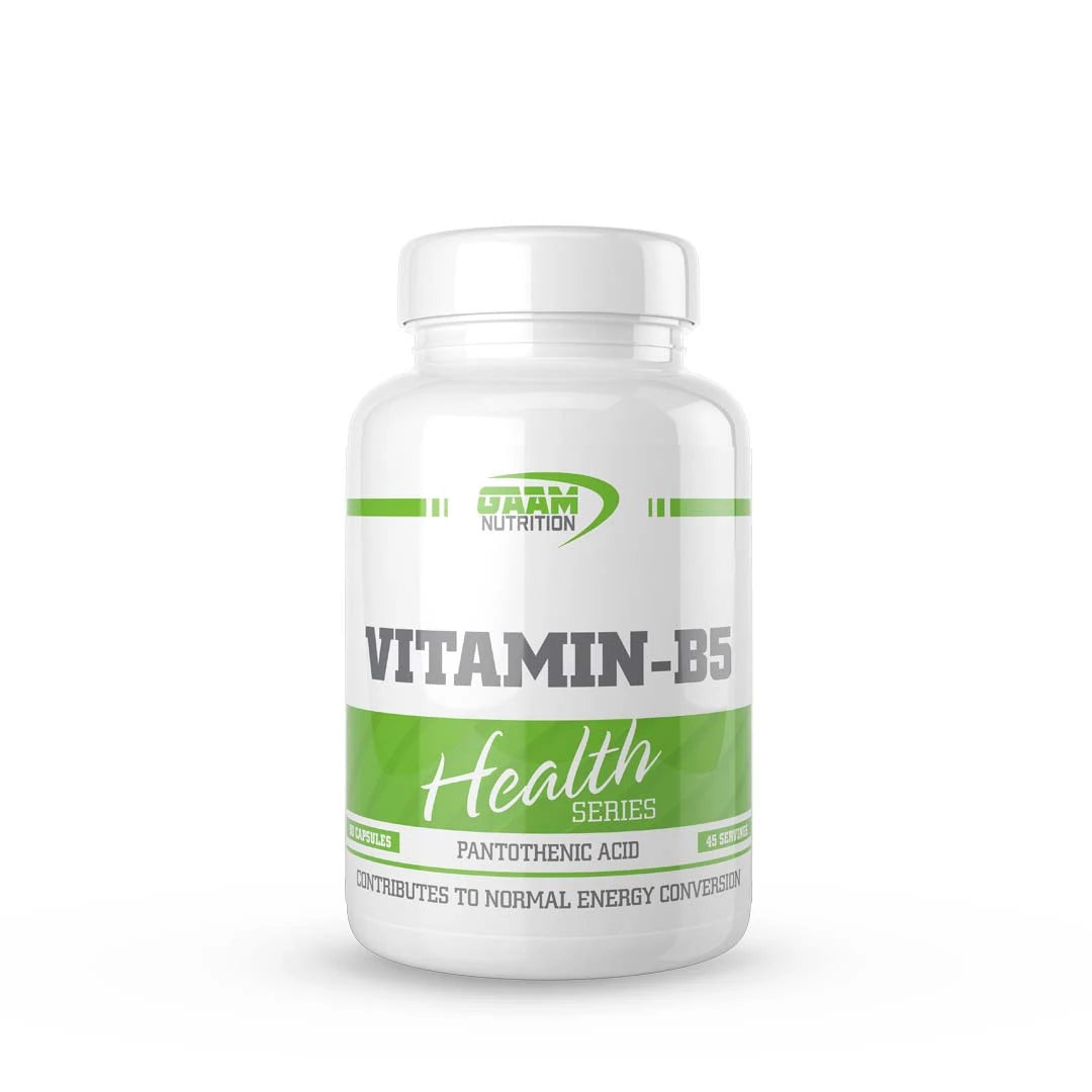 GAAM Vitamin B5 90 caps kosttillskott i en vit burk med gröna detaljer.