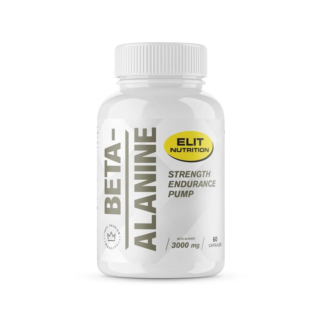Elit Nutrition Beta-Alanine 60 caps förpackad i en vit burk med grå text och en gul logotyp.