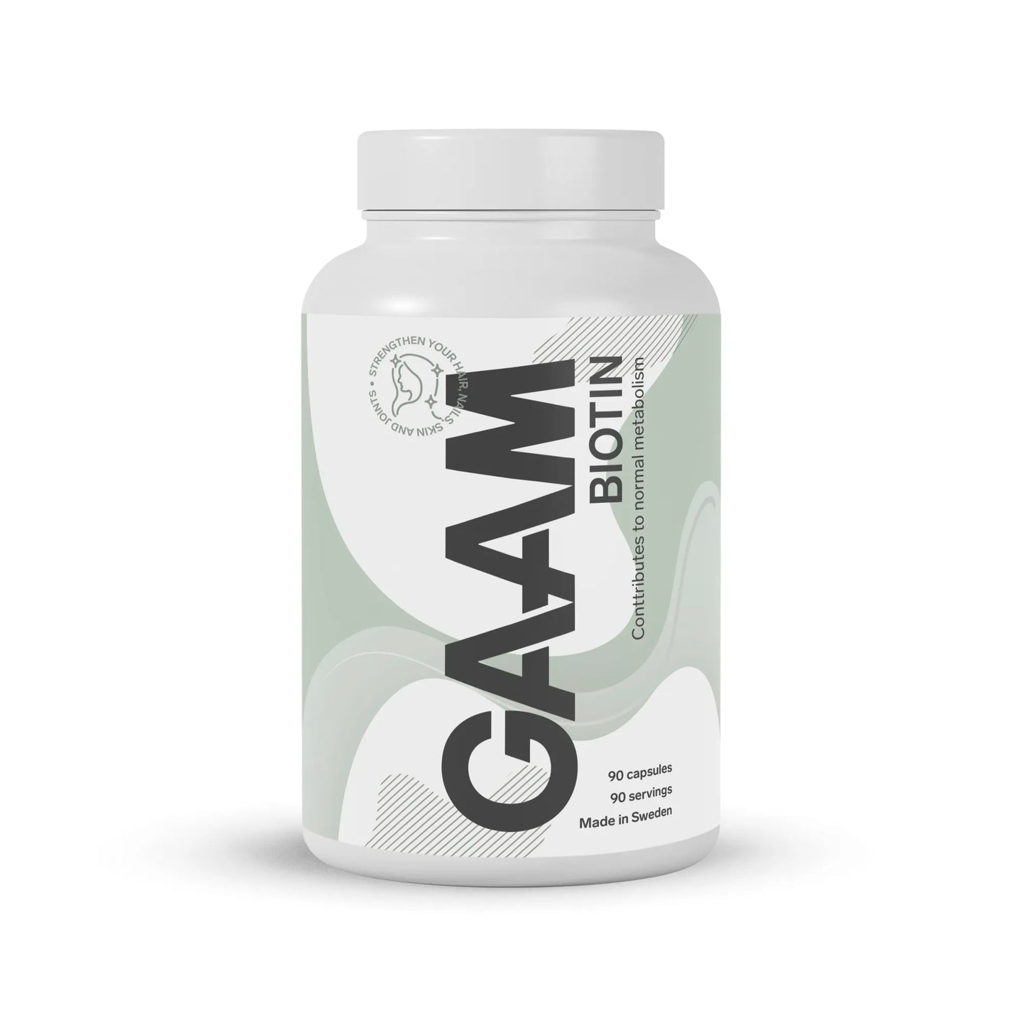 GAAM Biotin 90 caps i en vit plastburk med ljusgröna och vita grafiska detaljer.