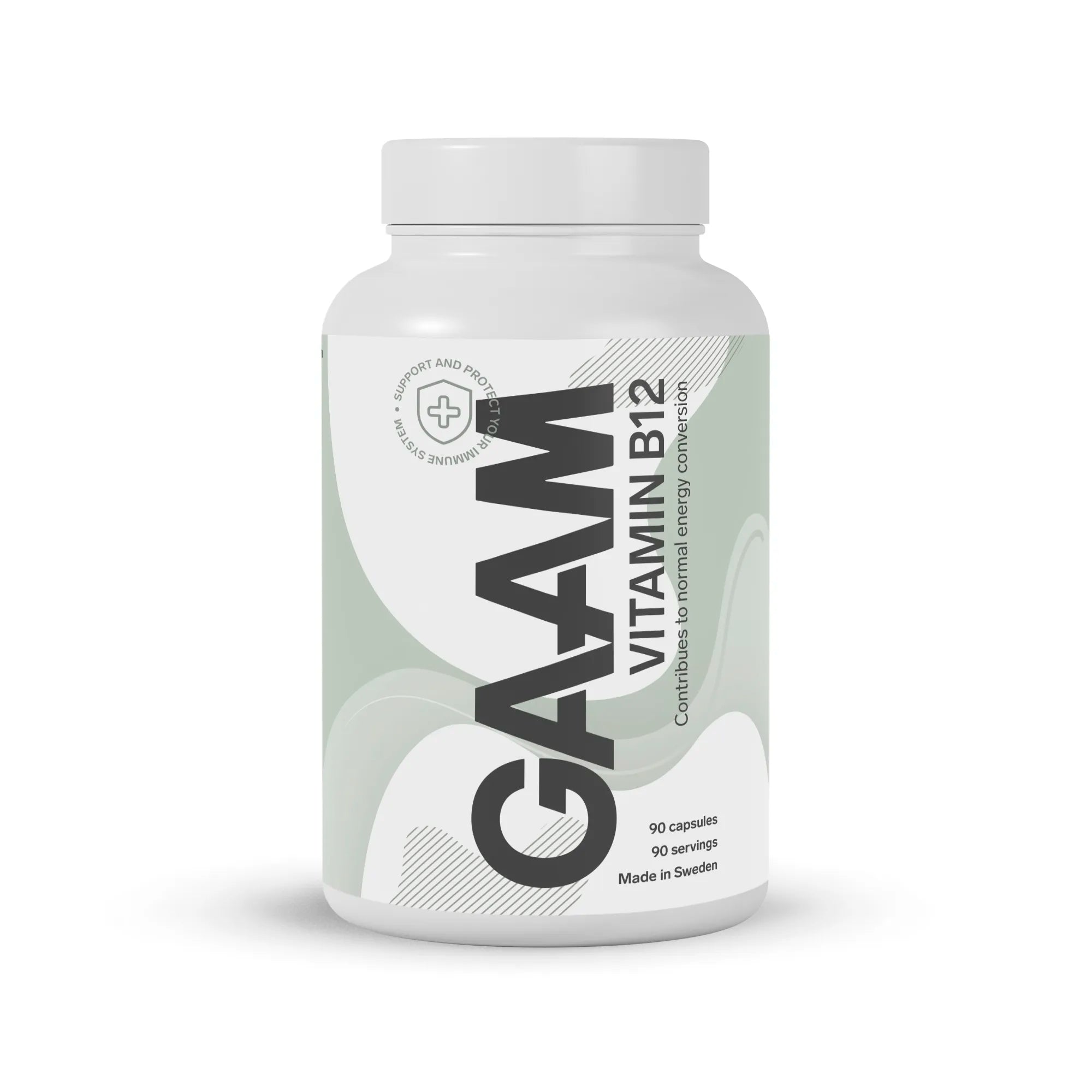 GAAM Vitamin B12 90 caps kosttillskott i en vit burk med ljusgröna grafiska detaljer.