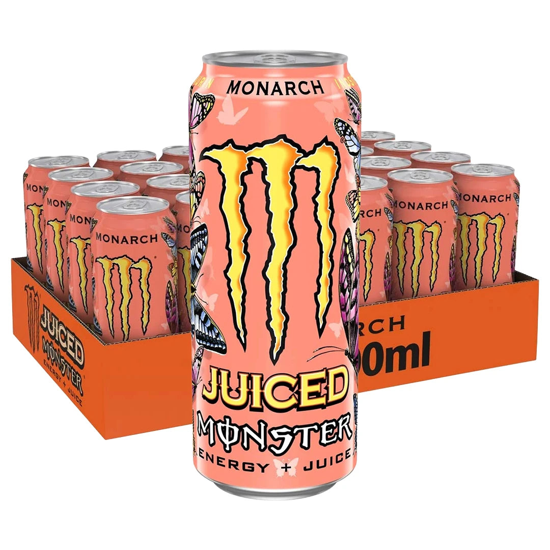 24 x Monster Energy 500 ml Monarch i ett orange flak med persikofärgade burkar och fjärilsmotiv.