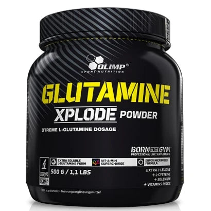 Olimp Glutamine Xplode 500 g aminosyrapulver i en svart burk med gula detaljer.