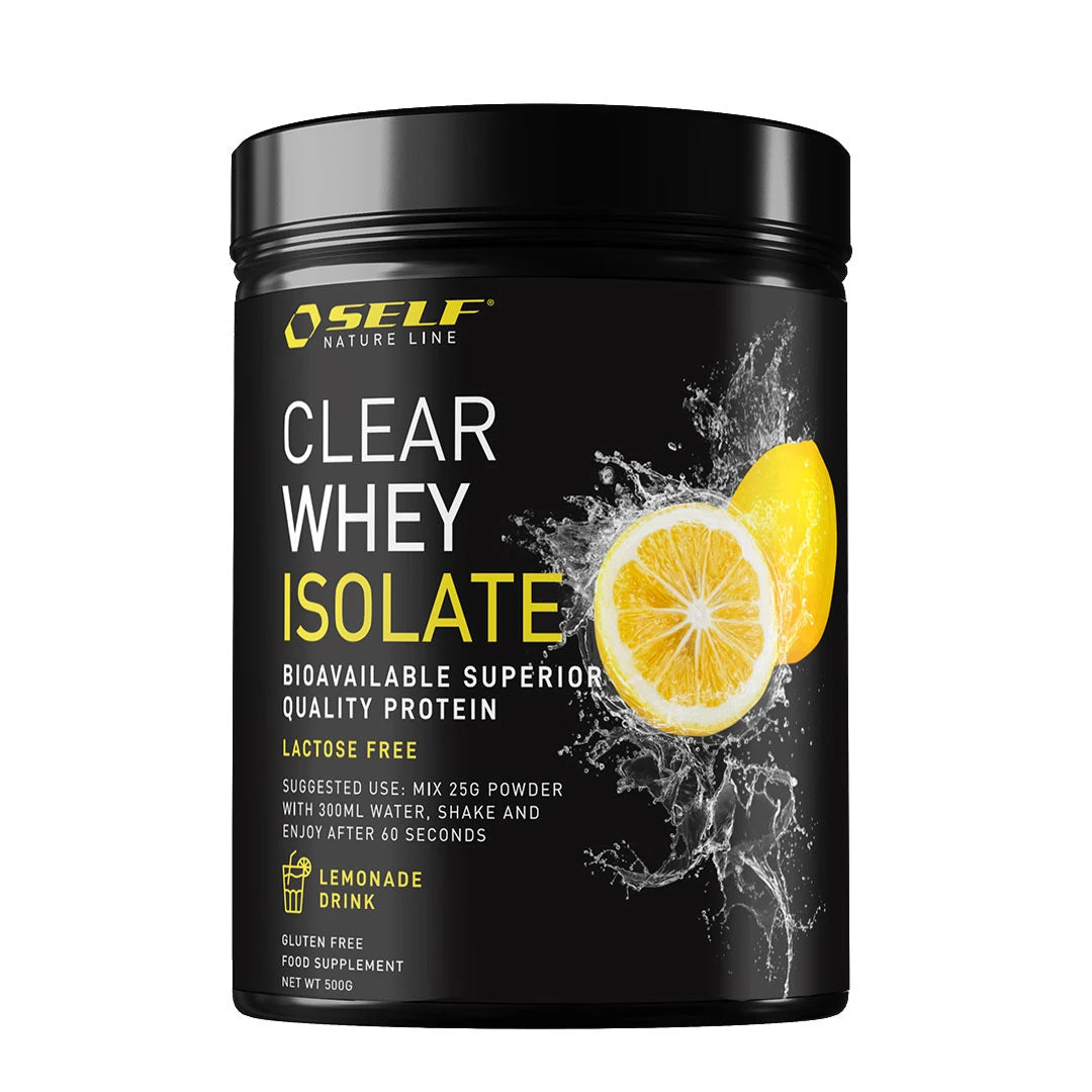 Self Omninutrition Clear Whey Isolate 500 g proteinpulver i en svart burk med citronmotiv och smaken Lemonade Drink.