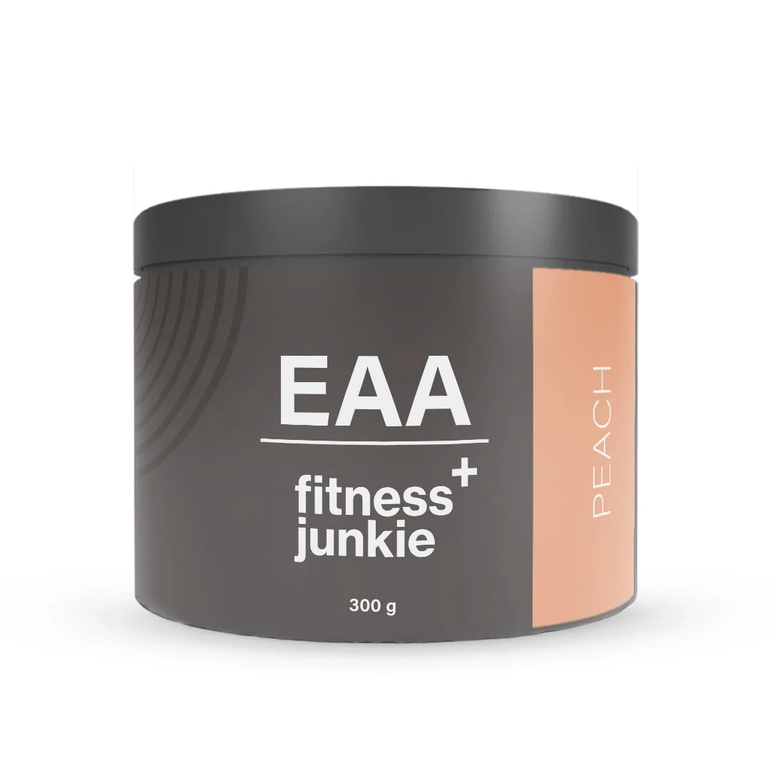 fitnessjunkie EAA 300 g aminosyrapulver i en mörkgrå burk med persikofärgade detaljer för smaken Peach.