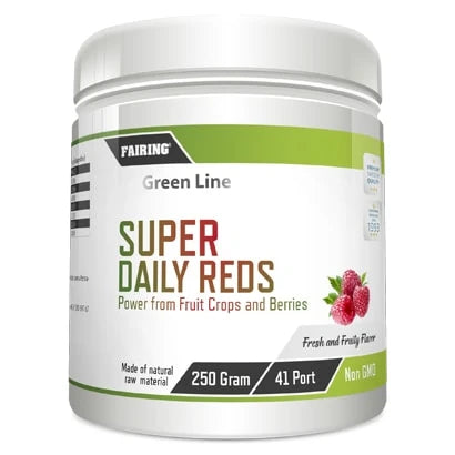 Fairing Daily Reds 250 g kosttillskott i en vit burk med gröna detaljer och illustration av hallon.