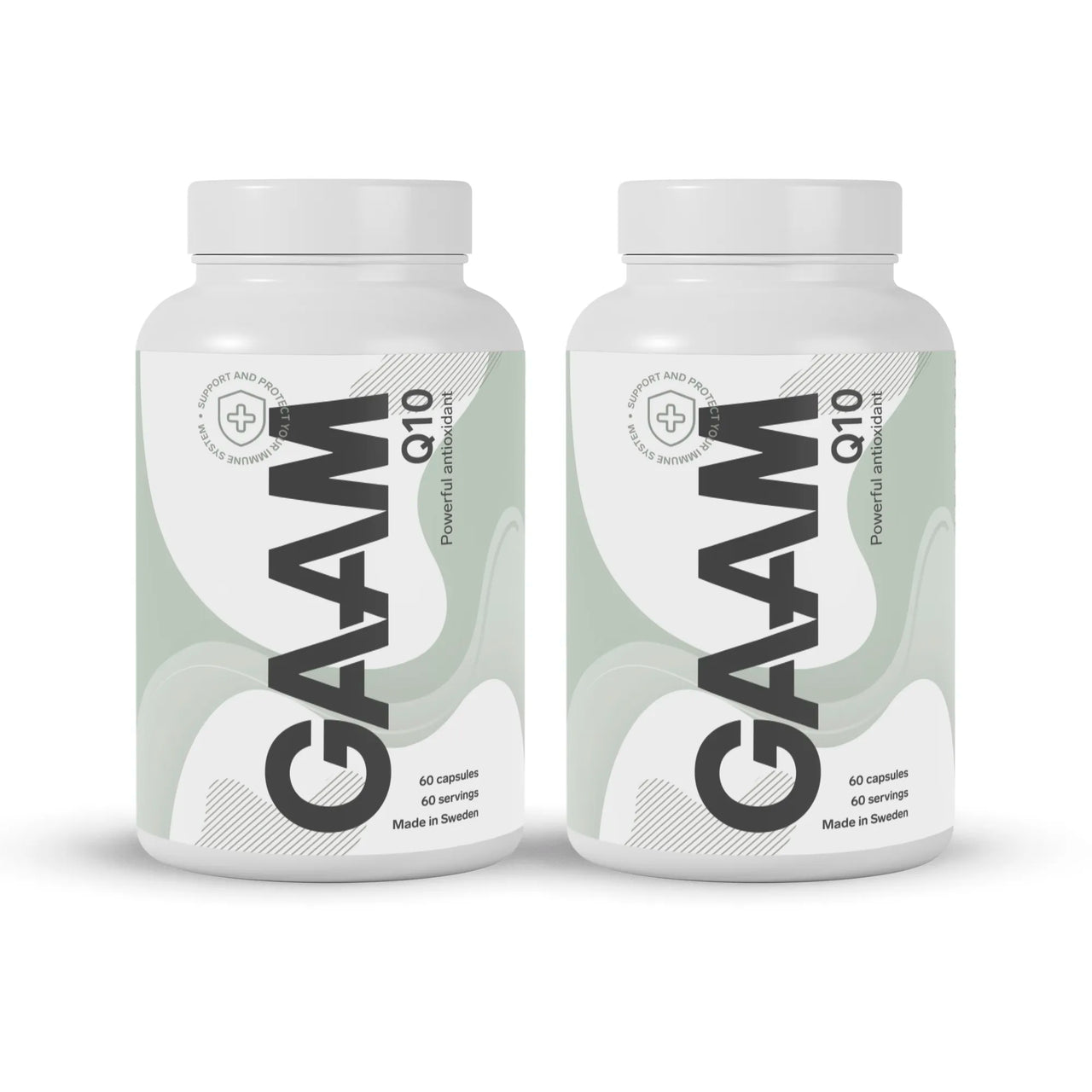 2 x GAAM Q10 120 caps kosttillskott i vita burkar med ljusgröna och svarta detaljer.