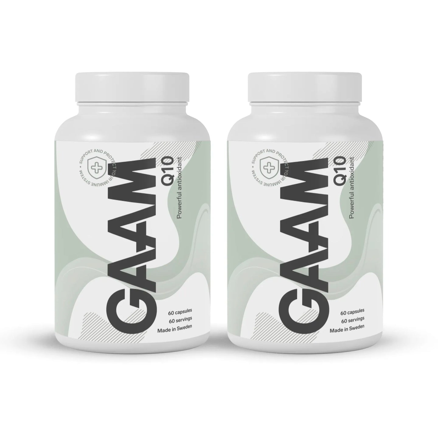 2 x GAAM Q10 120 caps kosttillskott i vita burkar med ljusgröna och svarta detaljer.