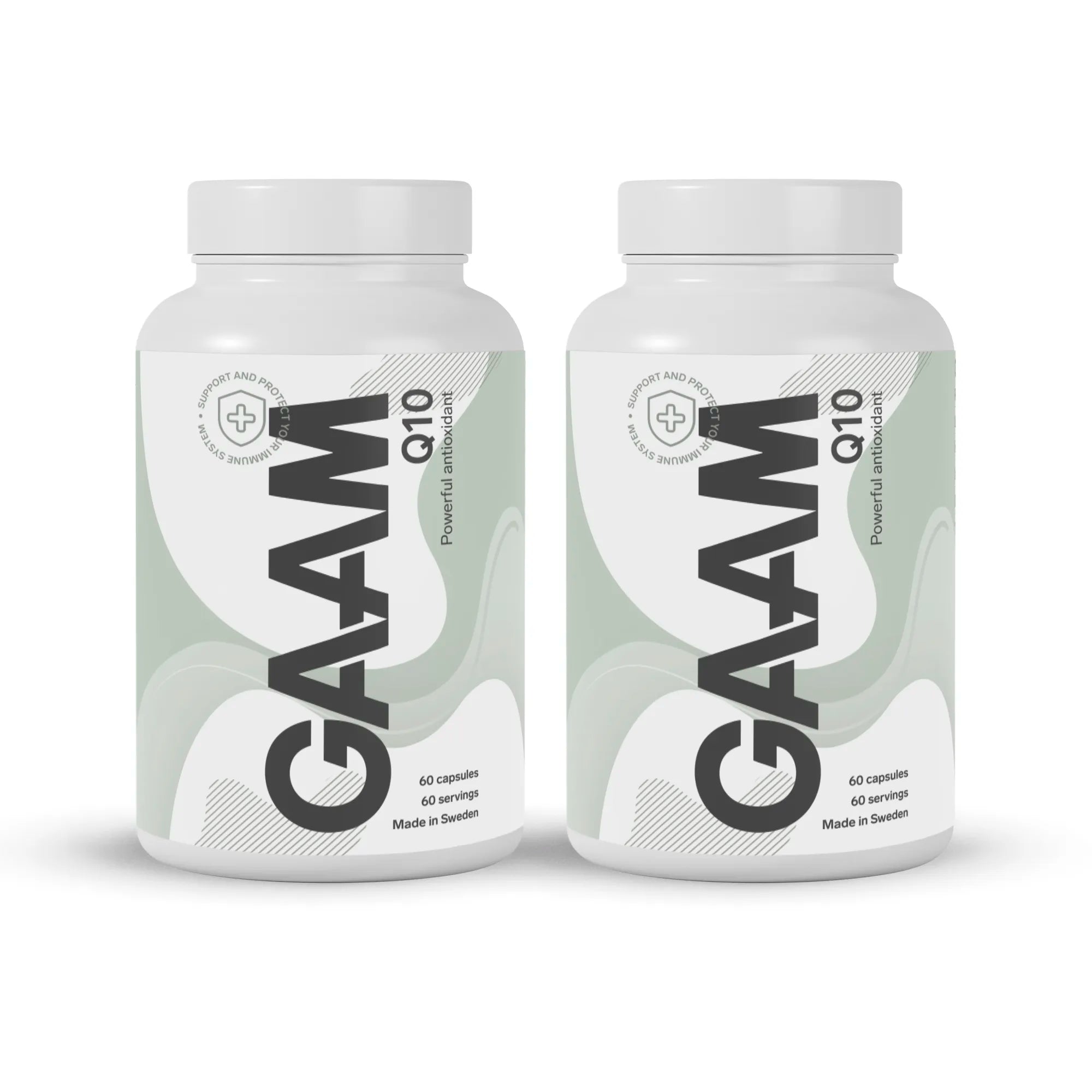 2 x GAAM Q10 120 caps kosttillskott i vita burkar med ljusgröna och svarta detaljer.
