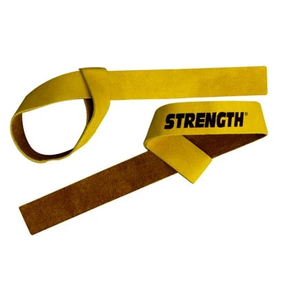 Gula Strength Dragremmar Läder med löpande ögla och svart logotyp.
