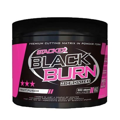 Black Burn Micronized 300 g fettförbrännare i en svart burk med rosa detaljer och smaken Fruit Punch.