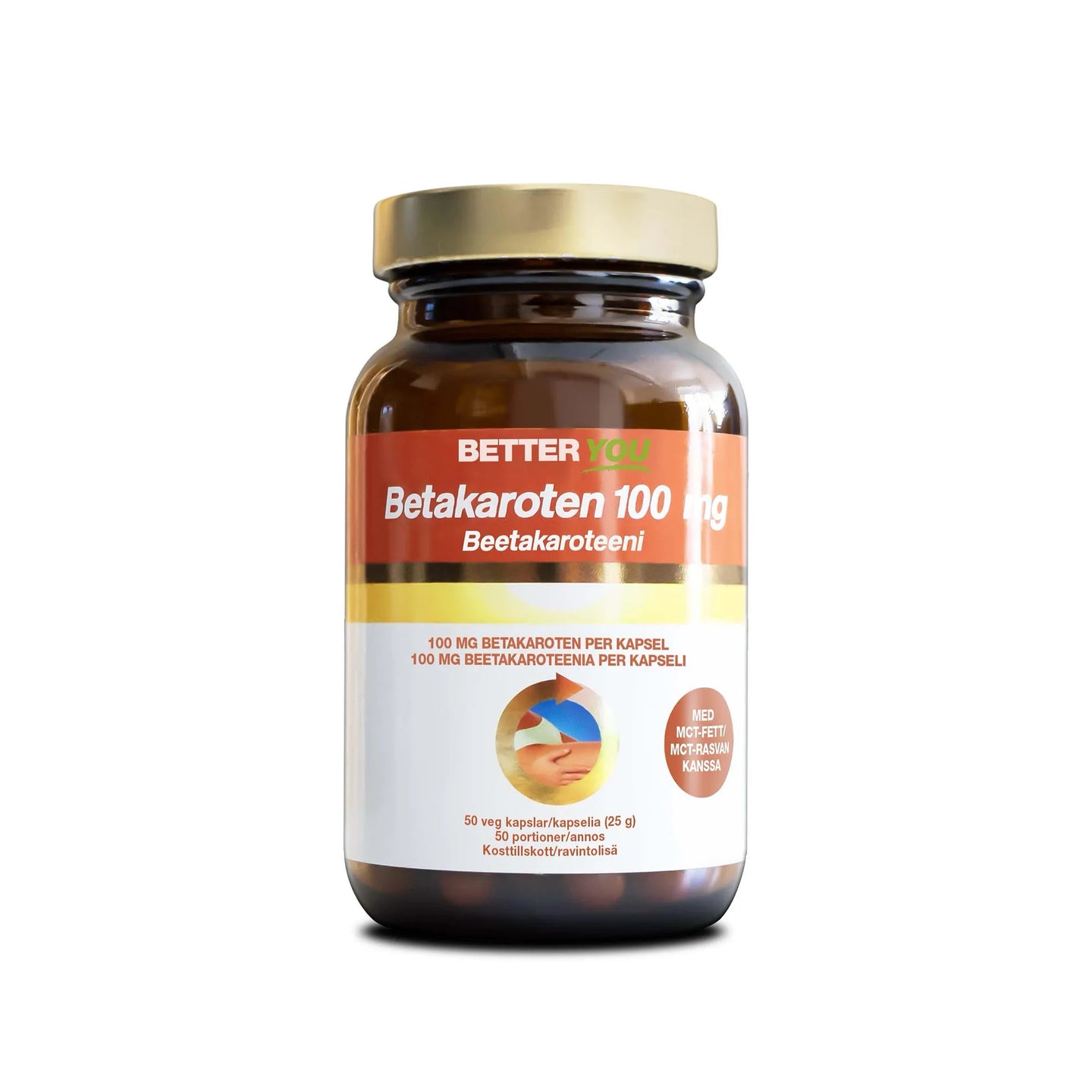 Better You Betakaroten 100 mg 50 caps, kosttillskott i en mörkbrun burk med guldlock och vit-orange etikett.
