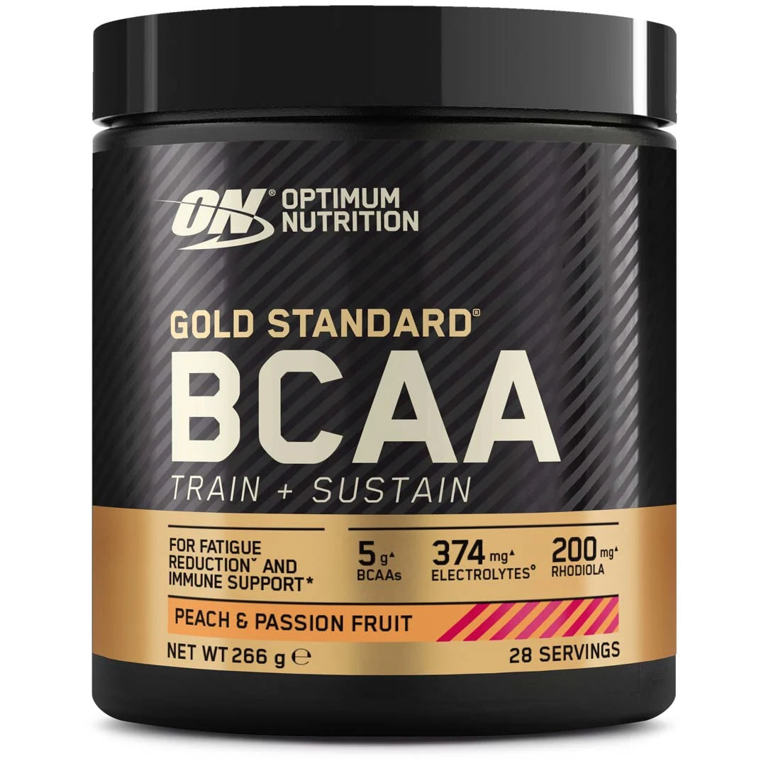 Optimum Nutrition Gold Standard BCAA 266 g aminosyror i en svart burk med guldiga detaljer för smaken Peach Passionfruit.