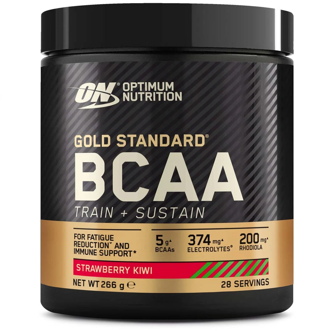 Optimum Nutrition Gold Standard BCAA 266 g i en svart burk med gulddetaljer för smaken Strawberry Kiwi.