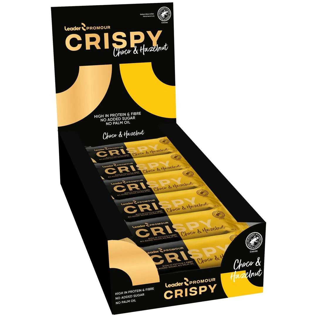 18 x Leader Promour Crispy 45 g Chocolate &amp; Hazelnut i en svart och gul displaylåda med matchande proteinbars., bild 1 av 1