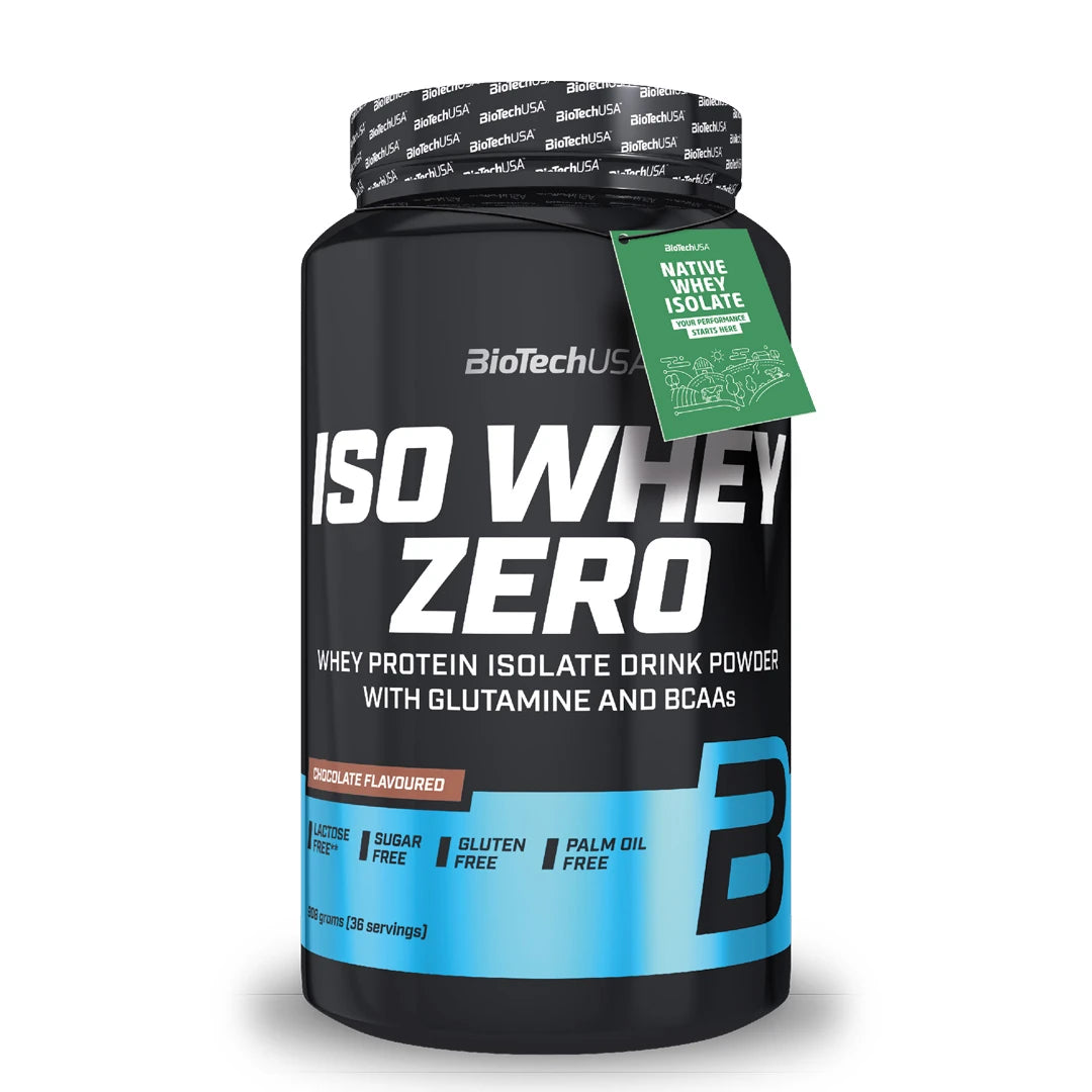 BioTechUSA Iso Whey Zero 908 g proteinpulver i en svart burk med blå detaljer för smaken Chocolate.