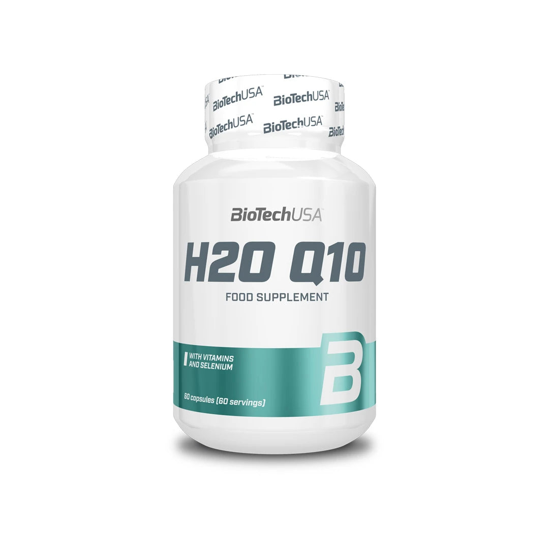 BioTechUSA H2O Q10 60 caps kosttillskott förpackad i en vit burk med turkosa detaljer.