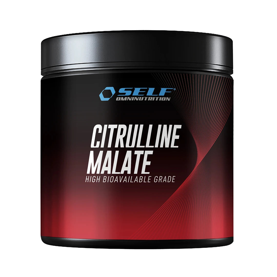 Self Omninutrition Citrulline Malate 200 g i en svart burk med röda detaljer, aminosyratillskott för prestationshöjning.