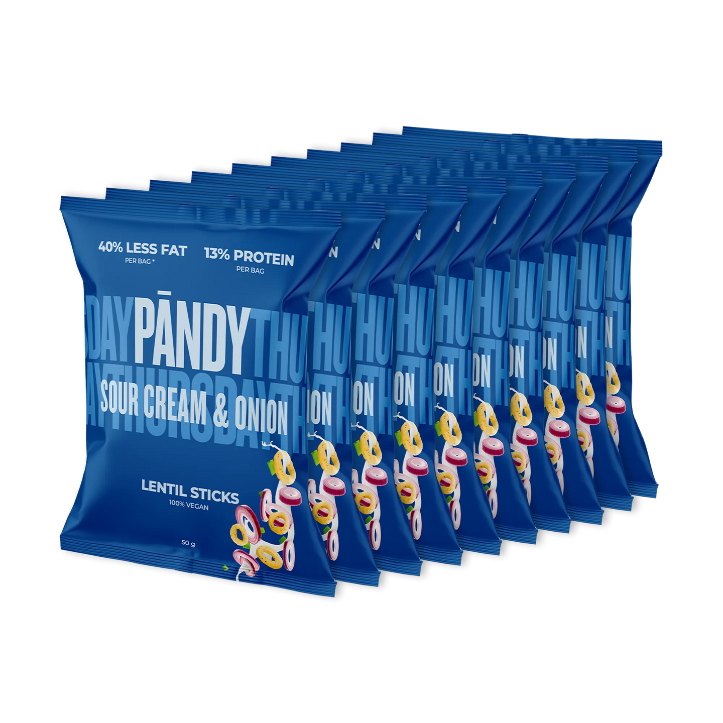 10 x Pändy Lentil Snacks 50 g i ljusgröna påsar med smaken Spring Onion uppställda i en pyramid., bild 1 av 1