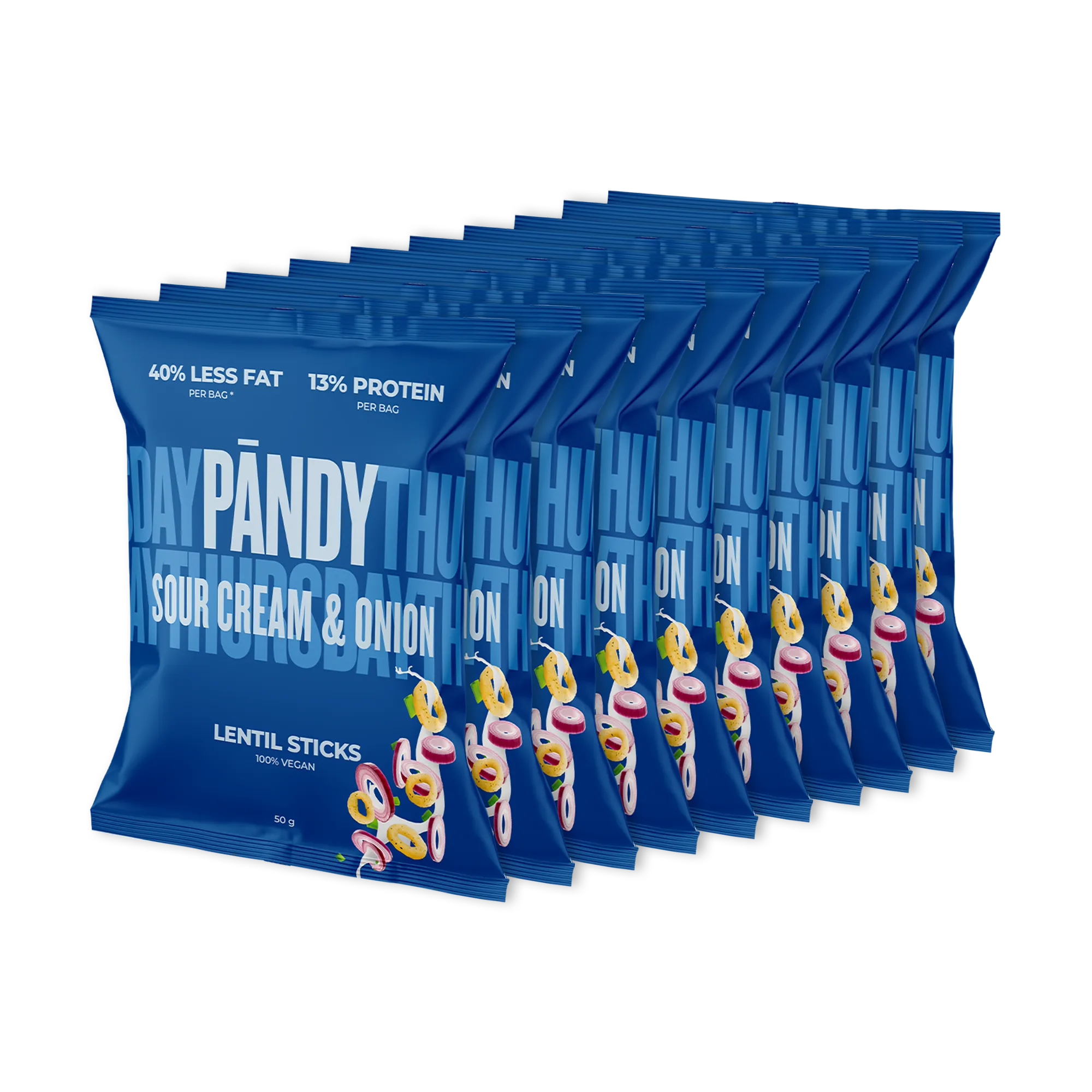 10 x Pändy Lentil Snacks 50 g i ljusgröna påsar med smaken Spring Onion uppställda i en pyramid., bild 1 av 1