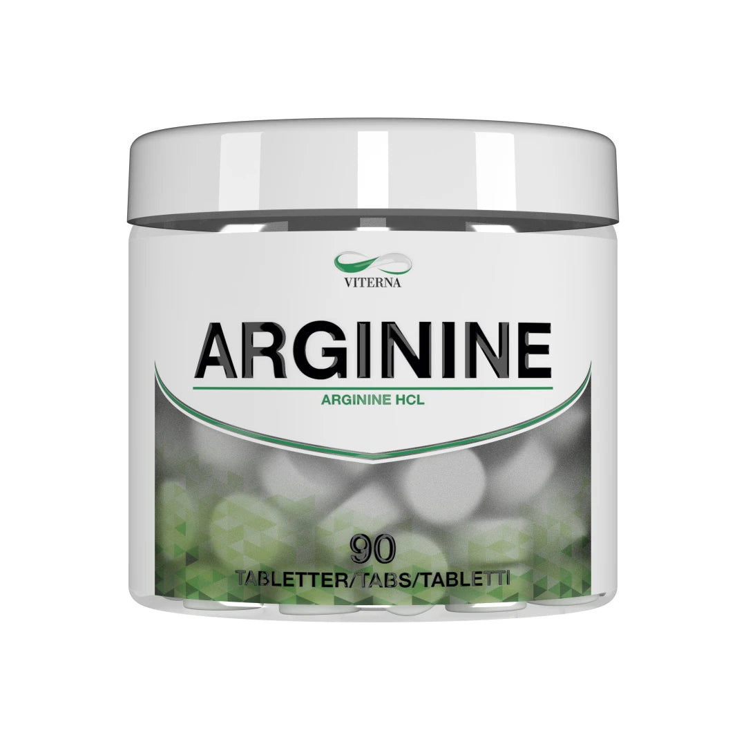 Viterna Arginine 90 tabs aminosyra i tablettform, förpackad i en vit burk med gröna och svarta detaljer.