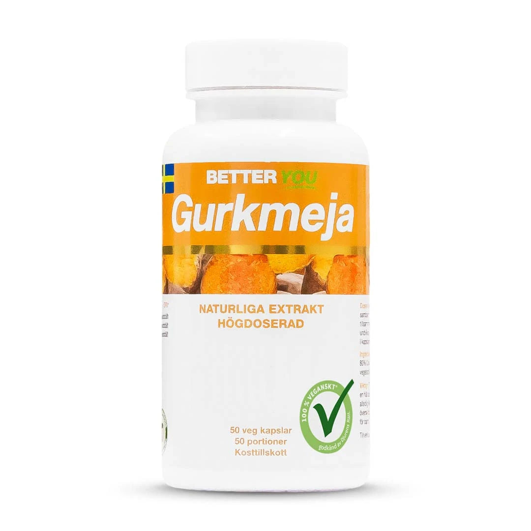 Better You Gurkmeja 50 caps kosttillskott i en vit burk med orange etikett och vegansk märkning.
