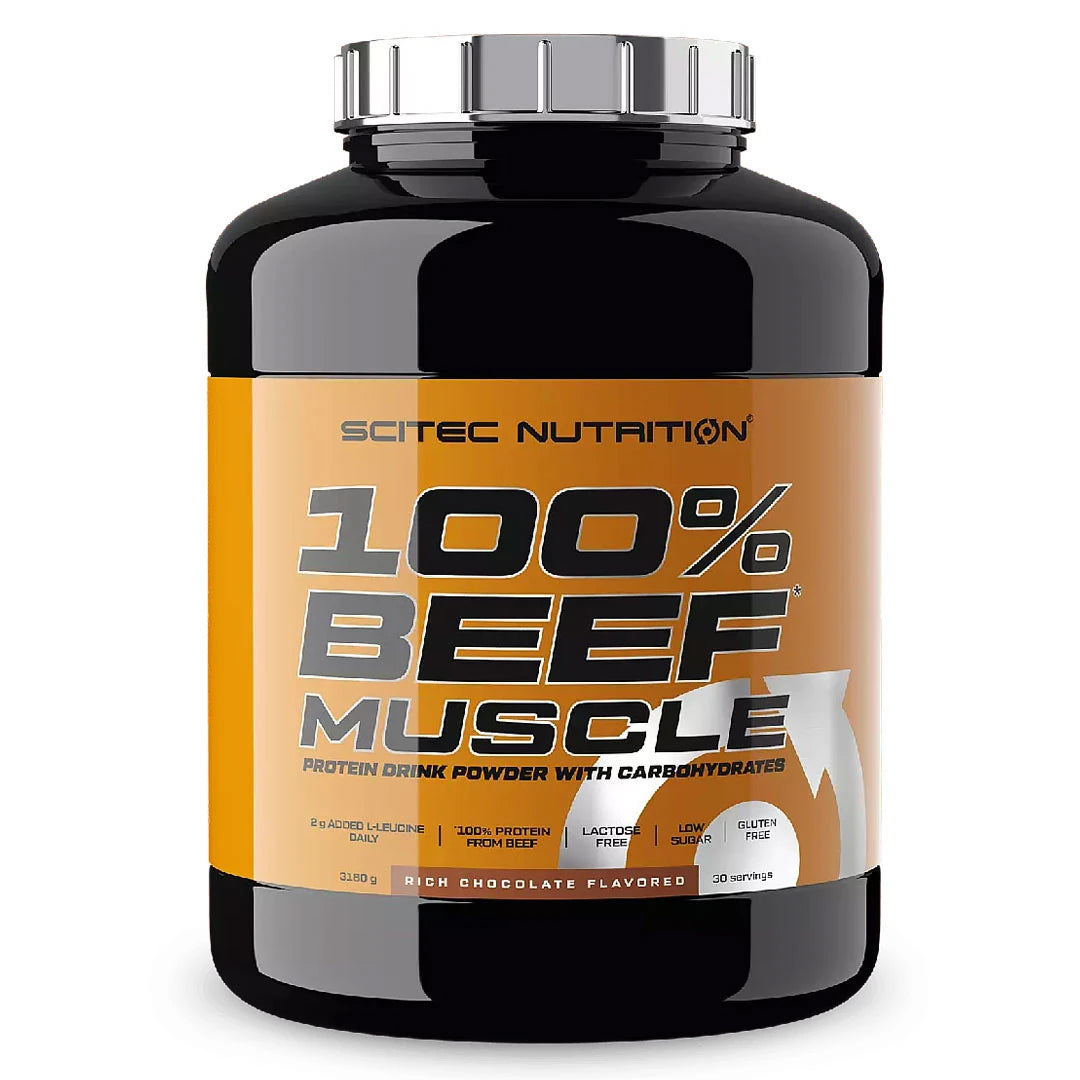 Scitec Nutrition 100% Beef Muscle 3.18 kg gainer i en svart burk med orange etikett, smak Rich Chocolate.