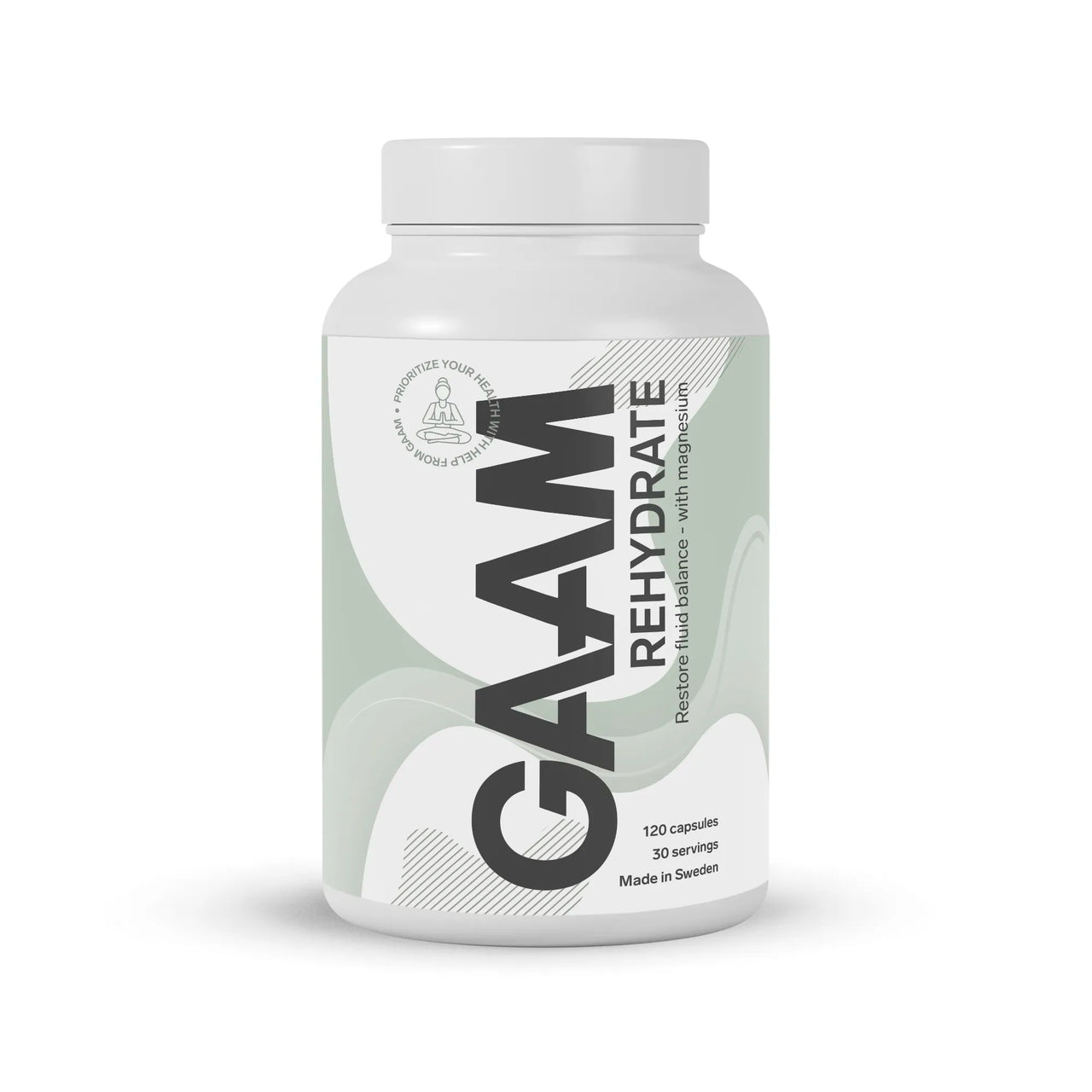 GAAM Rehydrate 120 caps vätskeersättning i en vit burk med grågröna grafiska detaljer.