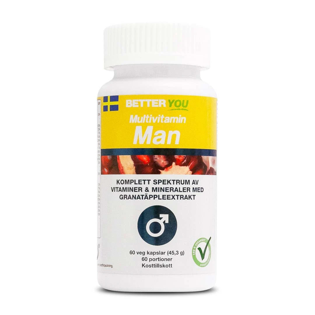 Better You Multivitamin Man 60 caps, vegansk multivitamin i en vit burk med gul etikett och granatäpplemotiv.