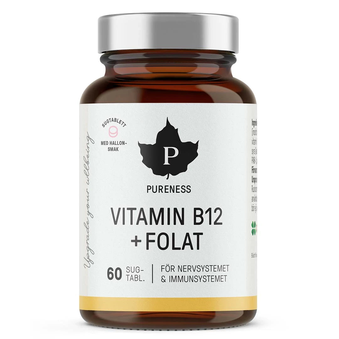Pureness Vitamin B12 + Folat 60 tabs sugtabletter i en mörkbrun burk med silverlock och vit etikett.