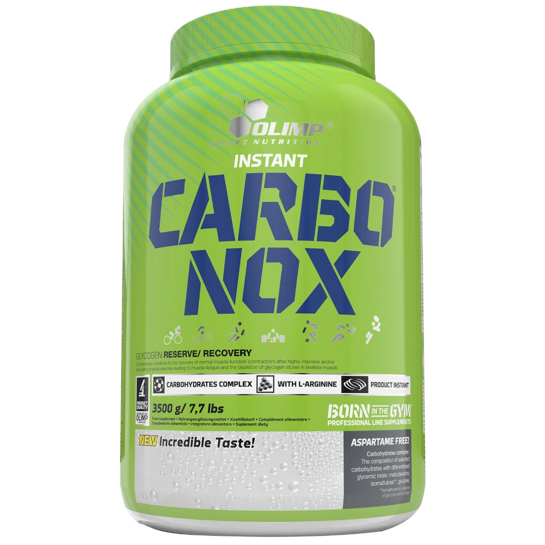 Olimp Carbo NOX 3.5 kg kolhydratspulver förpackat i en stor ljusgrön burk med blå text och detaljer.