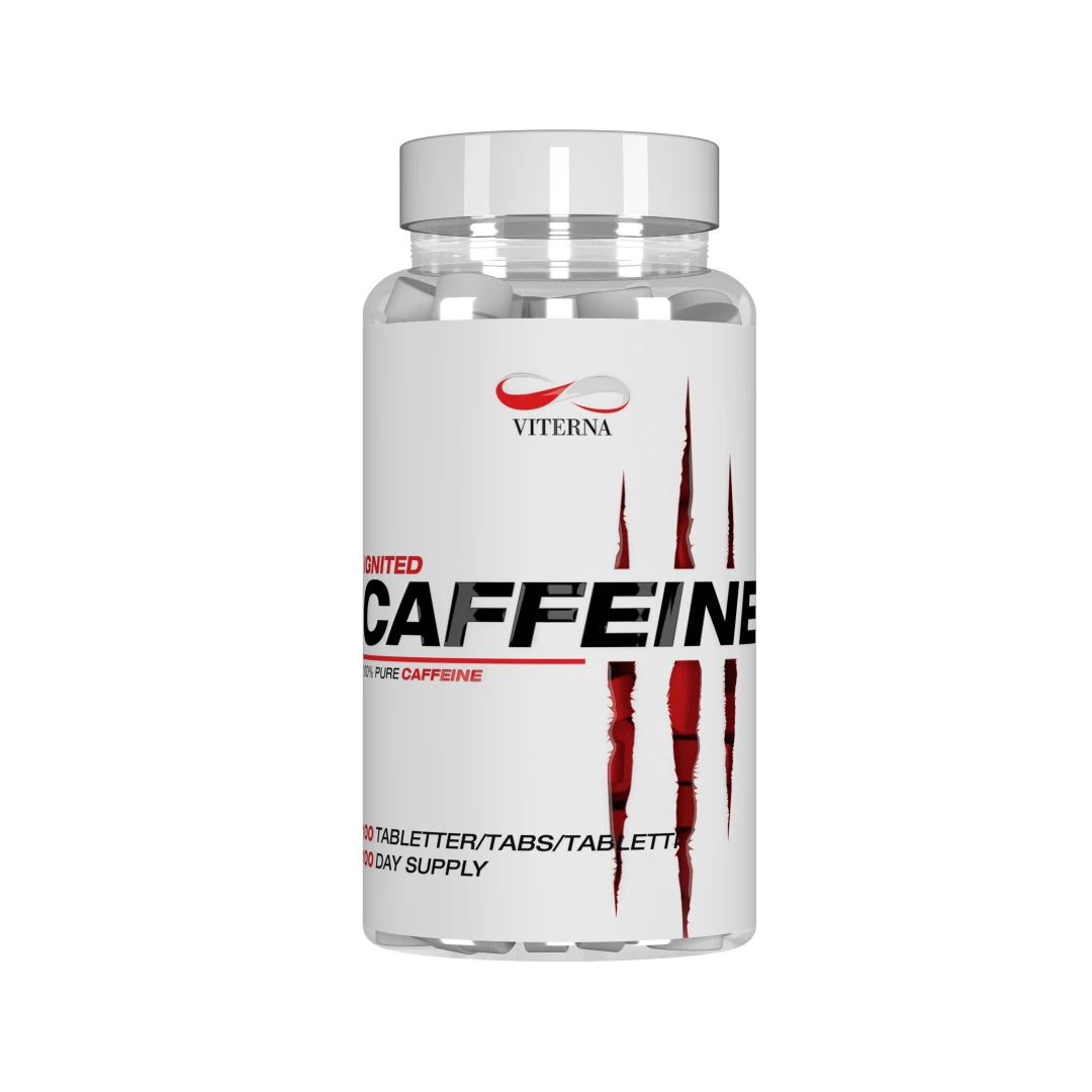 Viterna Ignited Caffeine 100 tabs koffeintabletter i en transparent burk med vit etikett och röda klösmärken.