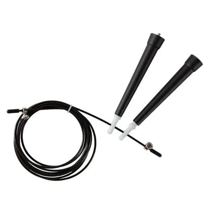 Virtufit Speed Rope, ett svart hopprep med tunn justerbar vajer i PVC och svarta handtag.