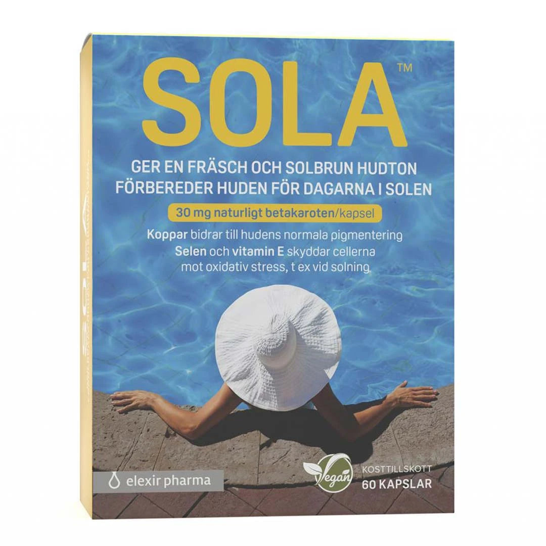 Elexir Pharma SOLA 60 caps kosttillskott i en ask med sommarmotiv och stor gul text.