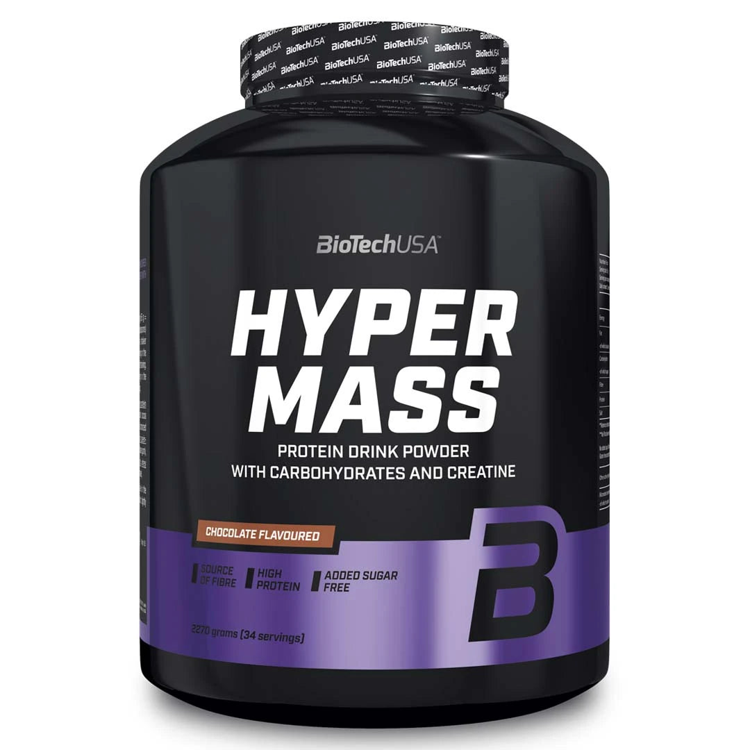 BioTechUSA Hyper Mass 2.27 kg gainer med chokladsmak i en svart burk med lila detaljer.
