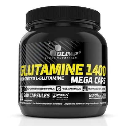 Olimp Glutamine 1400 Mega Caps 300 caps kosttillskott i en svart burk med gul och vit text.