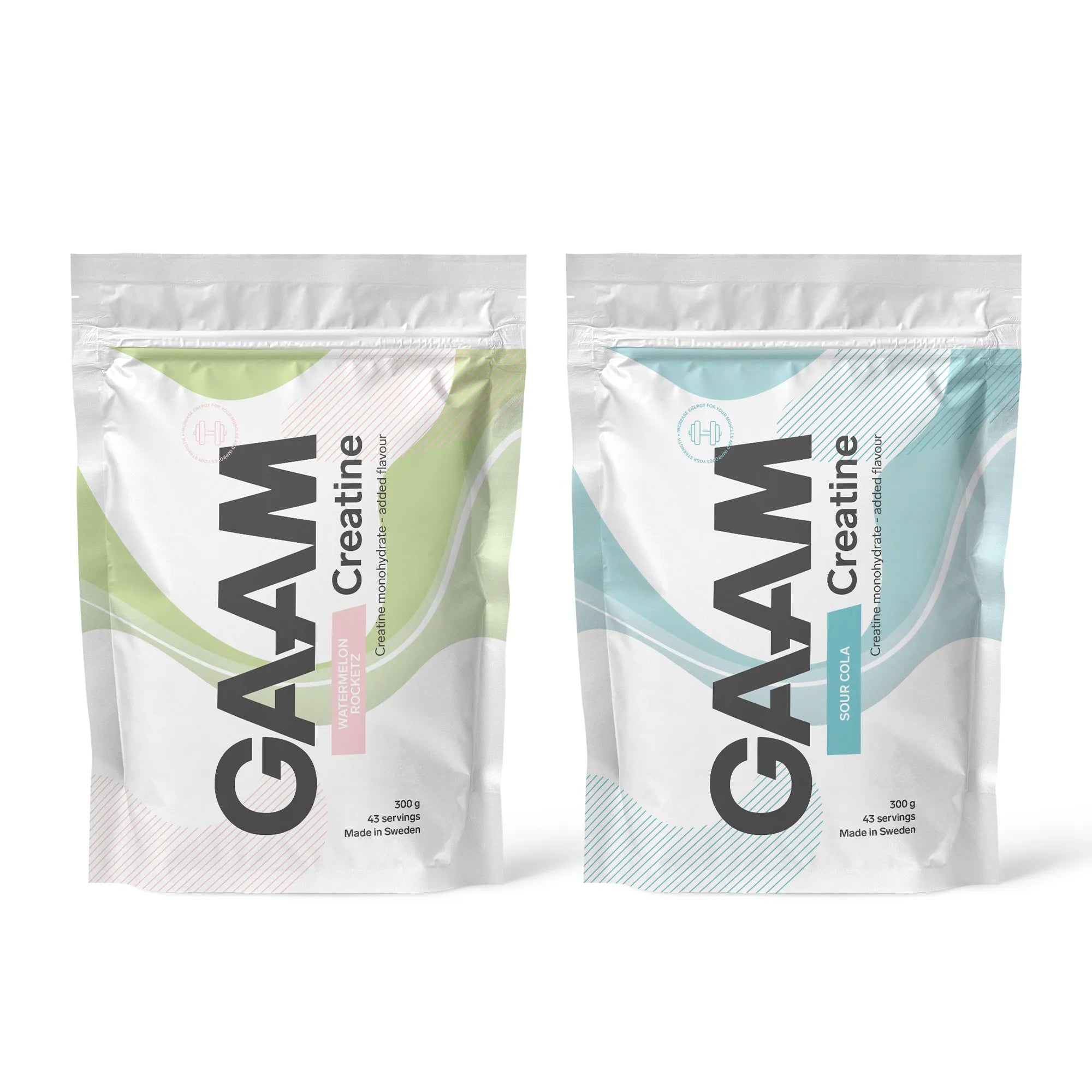 2 x GAAM Creatine 300 g i två vita påsar med pastellfärgade detaljer för smakerna Watermelon Rocketz och Sour Cola.