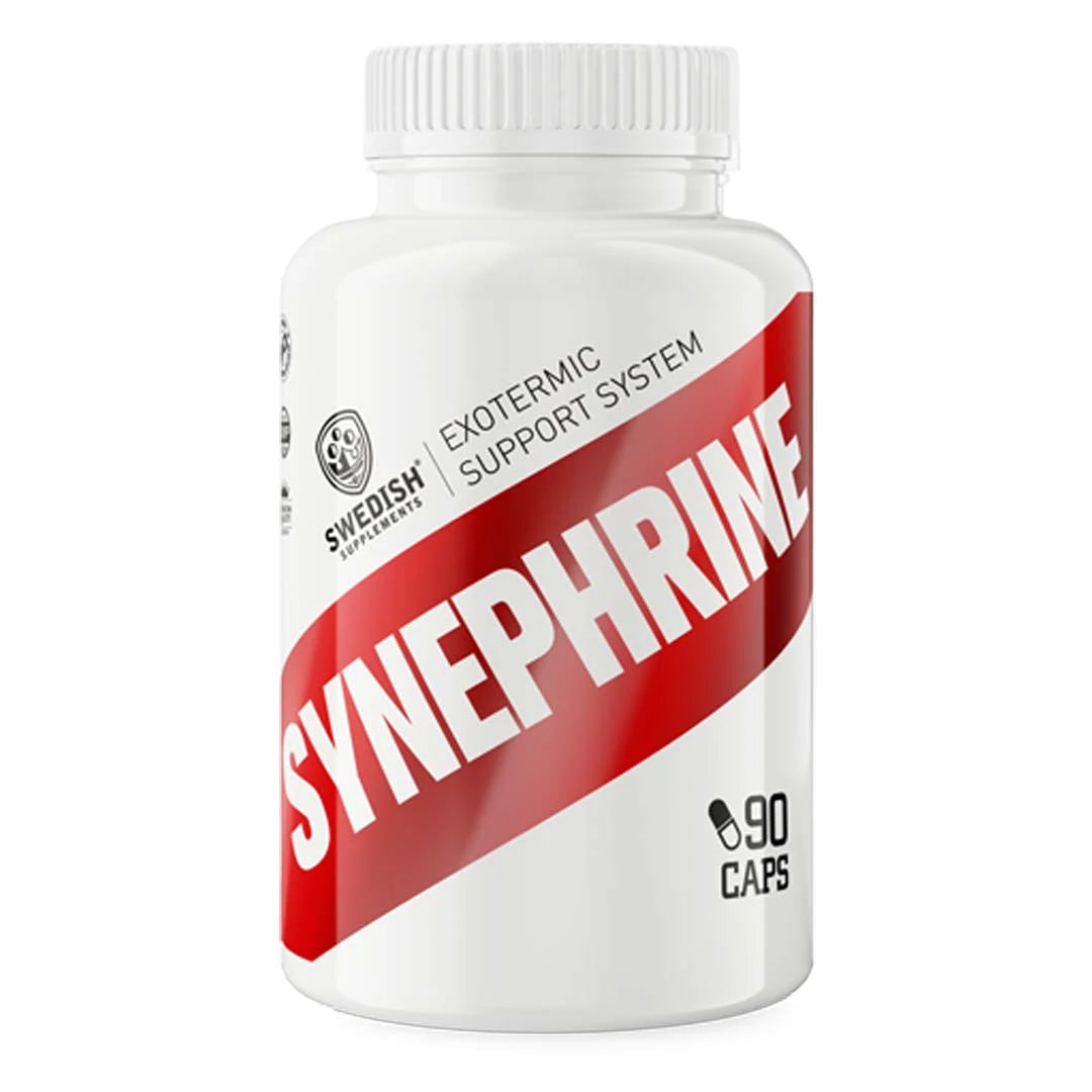 Swedish Supplements Synephrine 100 caps fettförbrännare i en vit burk med en bred röd rand.