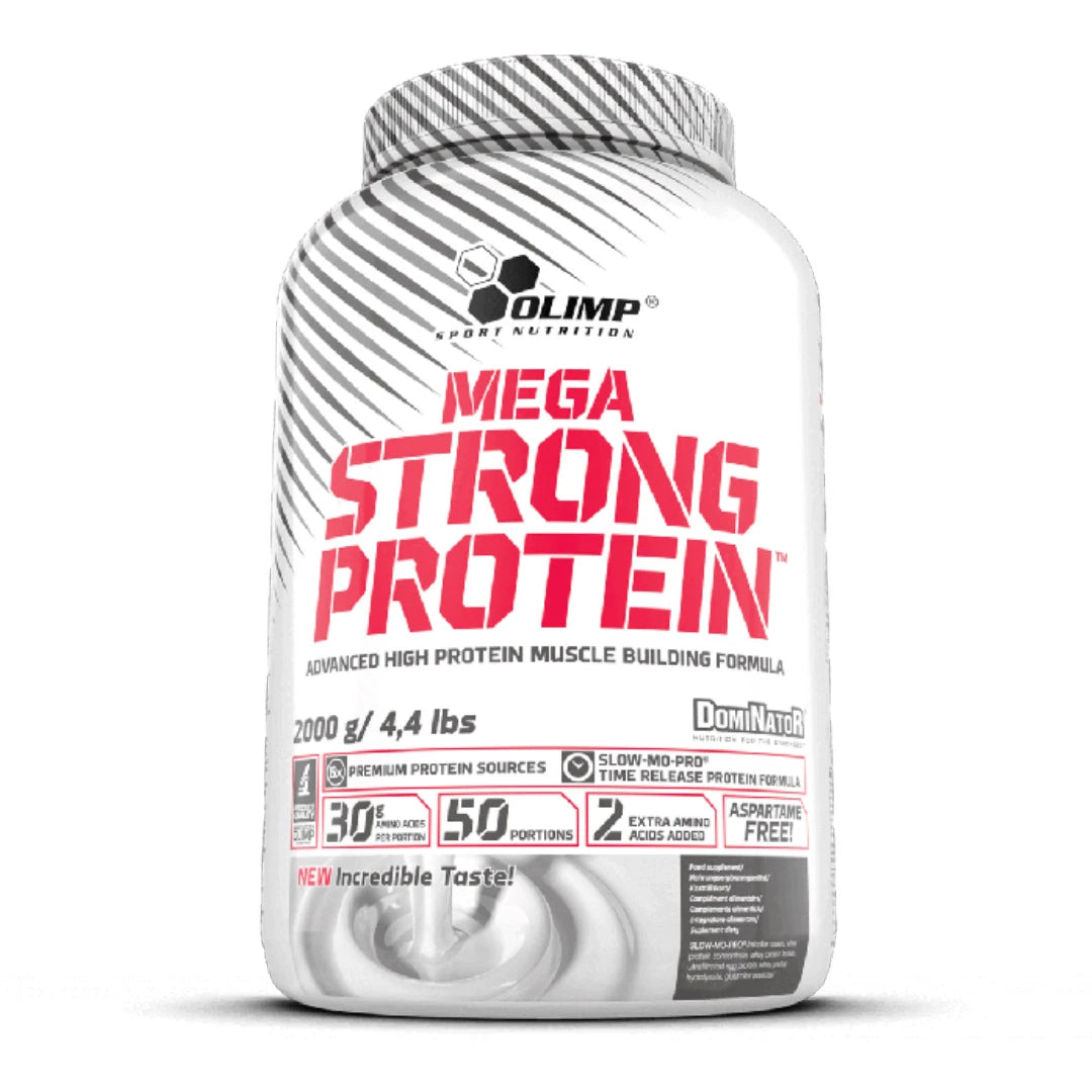 Vit burk med röd text för proteinpulvret Olimp Dominator Mega Strong Protein 2 kg från Olimp Sport Nutrition.