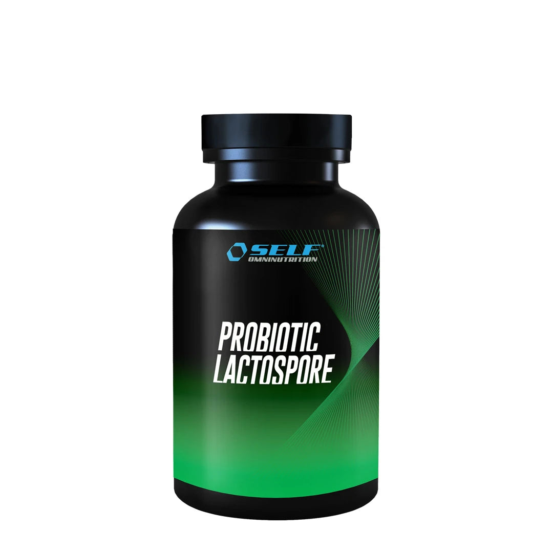 Self Omninutrition Probiotic Lactospore 60 caps i en svart burk med grön etikett och vita detaljer.