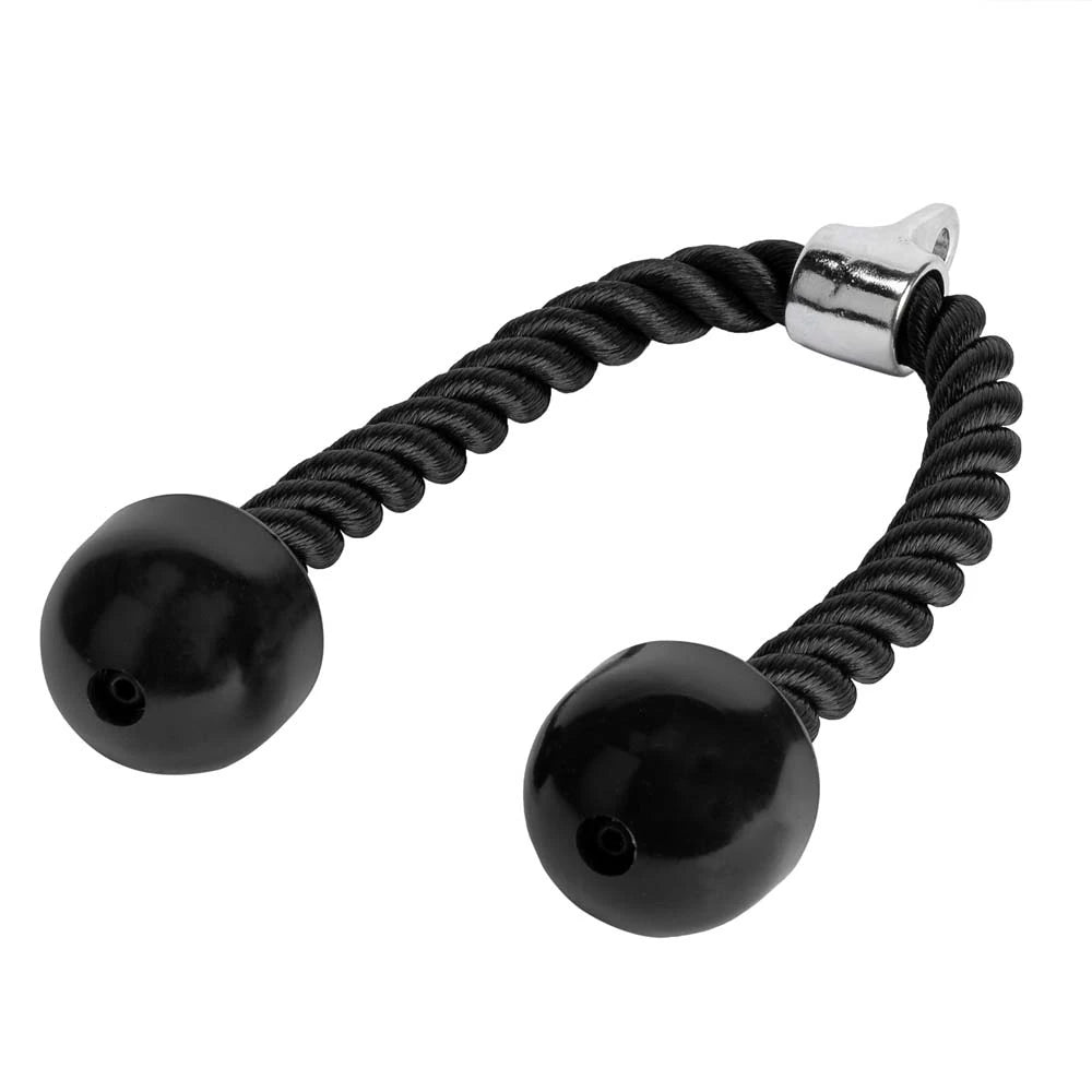 Virtufit Triceps Rope, ett svart träningsrep i kraftig nylon med gummistopp och metallfäste för dragmaskiner.