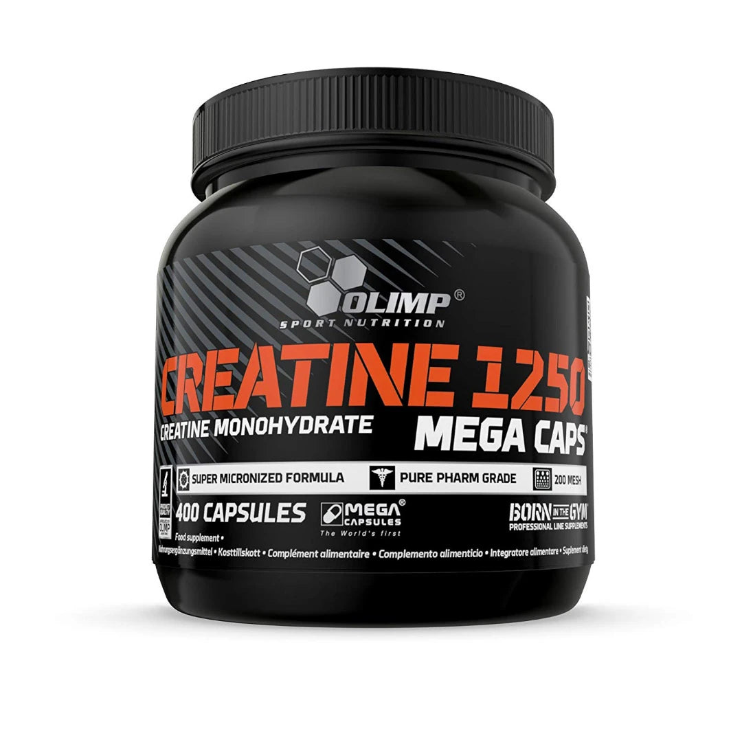 Olimp Creatine Mega caps 400 caps i en svart burk med orange och vit text för ett kraftfullt kreatintillskott.