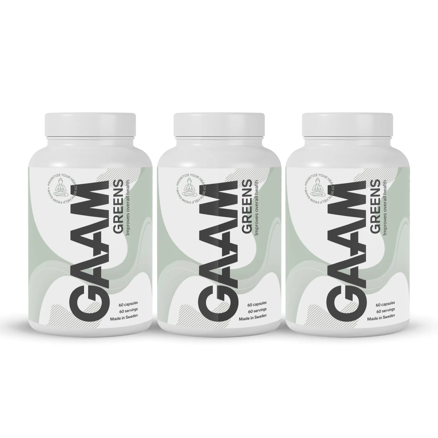 3 x GAAM Greens 60 Caps i tre vita burkar med ljusgröna vågmönster och svart text.