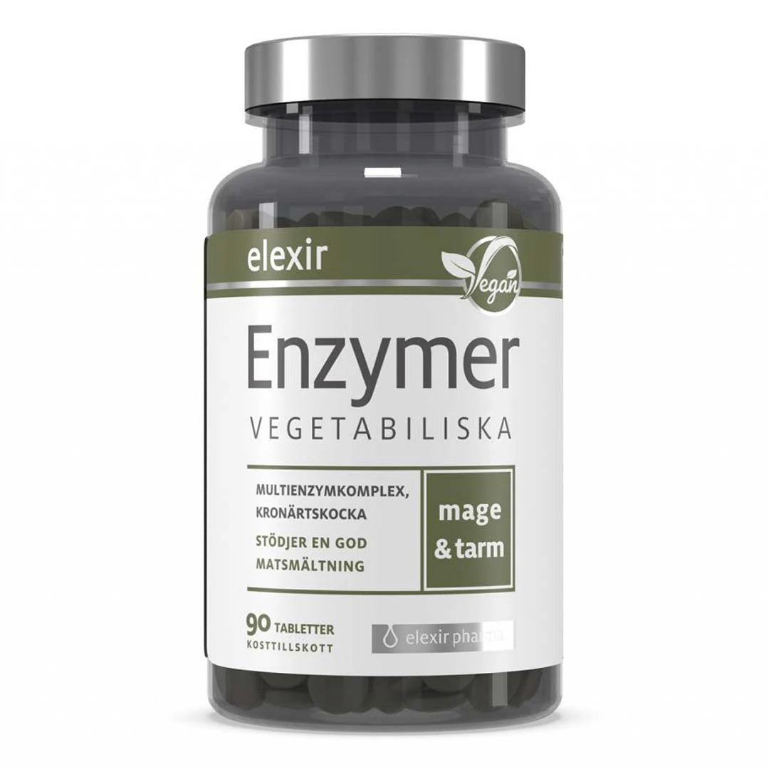 Elexir Pharma Enzymer 90 tabs i en mörk burk med silverfärgat lock och en vit och grön etikett.