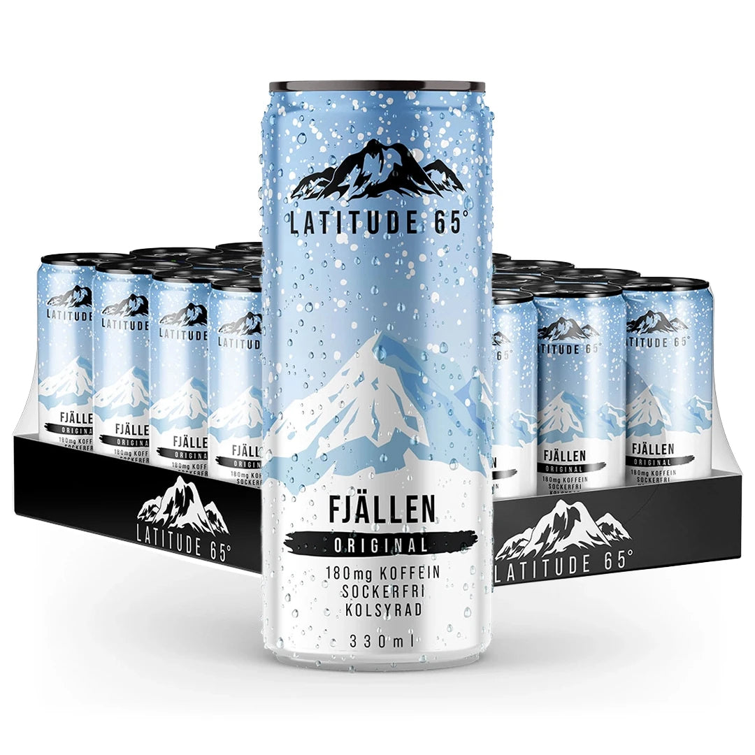 24 x Latitude 65 330 ml Fjällen - Original i ett svart flak med ljusblå och vita burkar.