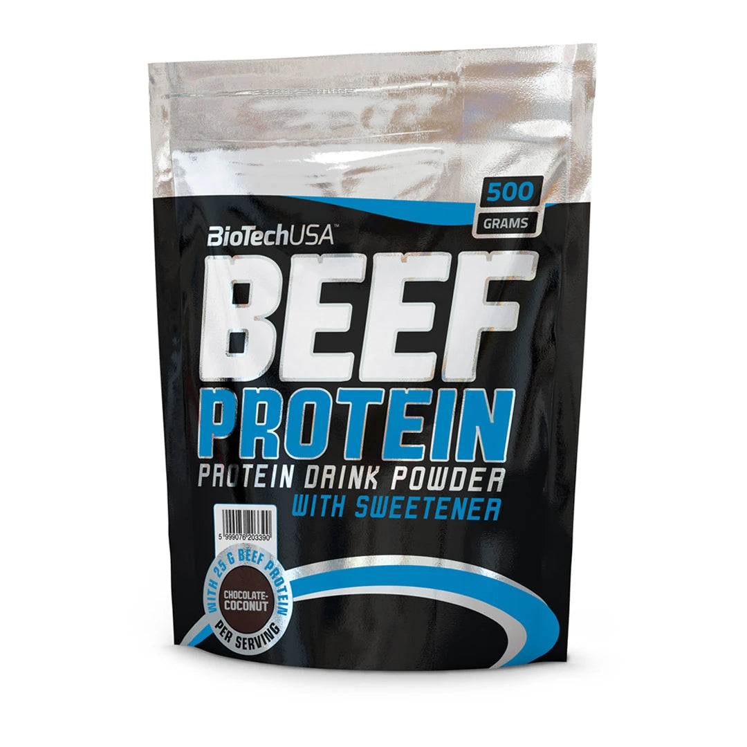 BioTechUSA Beef Protein 500 g proteinpulver i en svart och silvrig påse med blå detaljer, smak Chocolate Coconut.
